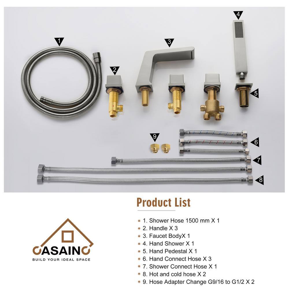 CASAINC 3-Handle Tub-Mount Roman Tub Faucet with Hand Shower in Brushed Nickel M5437-BN