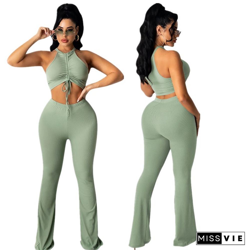 Solid Bandage Sleeveless Crop Top Flare Pants Set