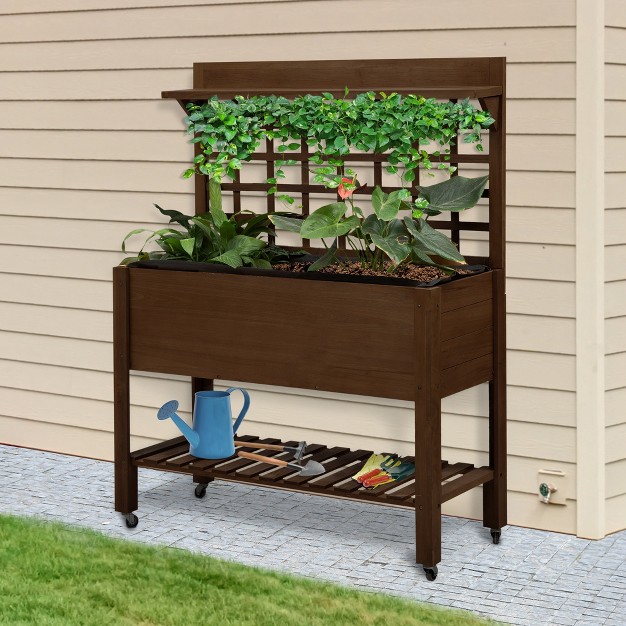 Outsunny 41'' Raised Garden Bed Mobile Elevated Wooden Planter Box Stand With Wheels， Trellis And Storage Shelf