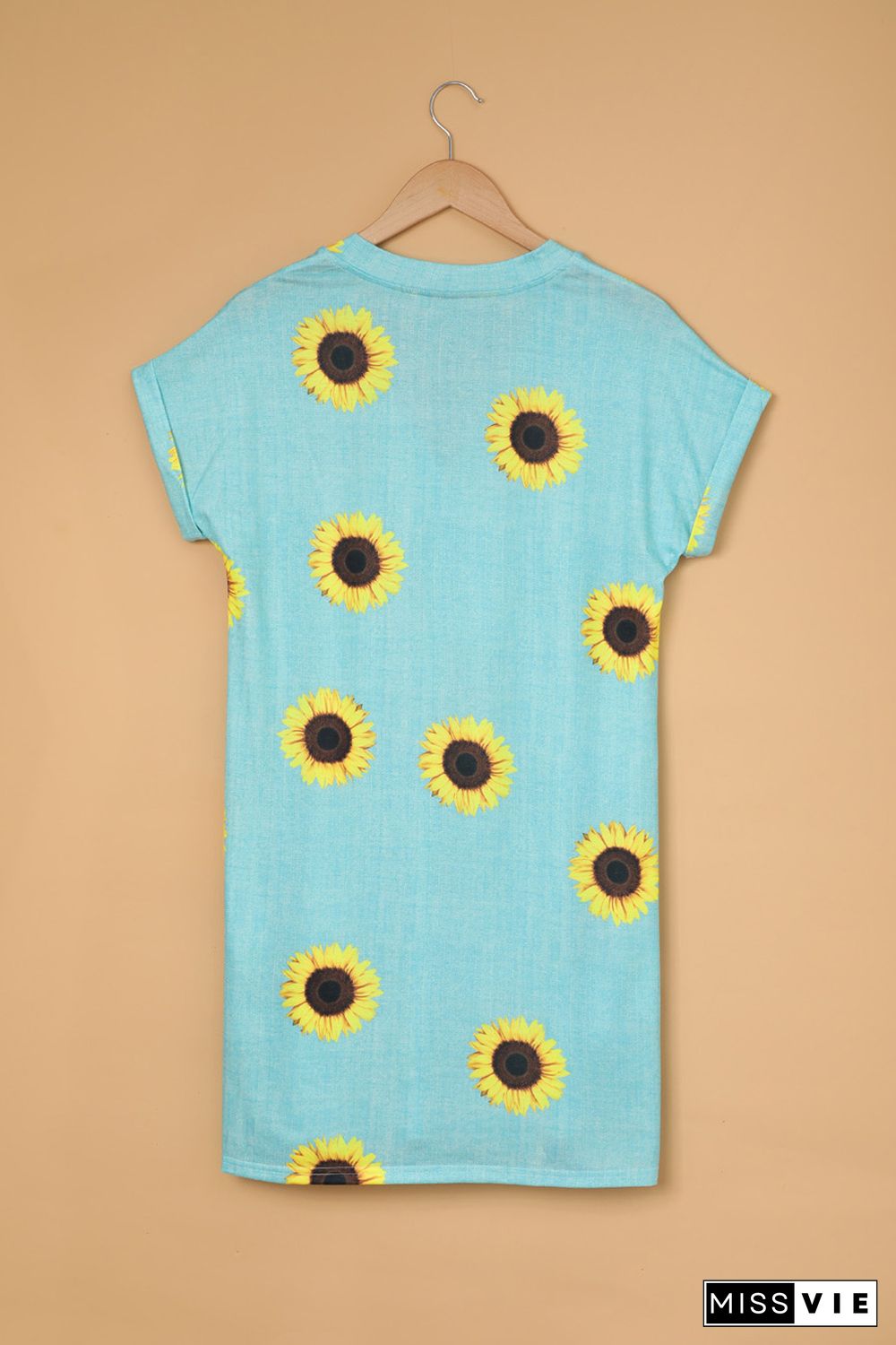 Short Sleeve V Neck Sunflower Print Mini Dress with Pocket