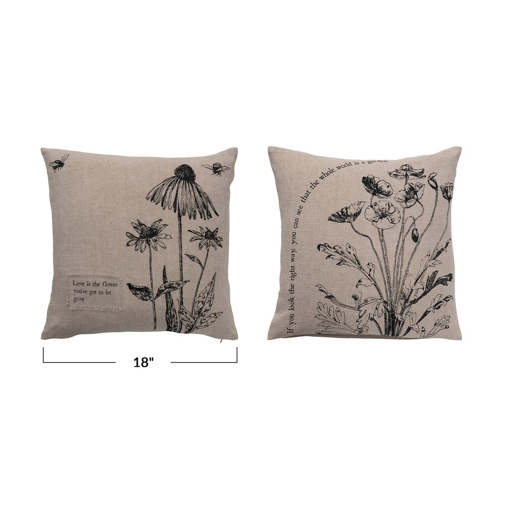 Printed Linen Blend Pillow with Patches and Flower Prints