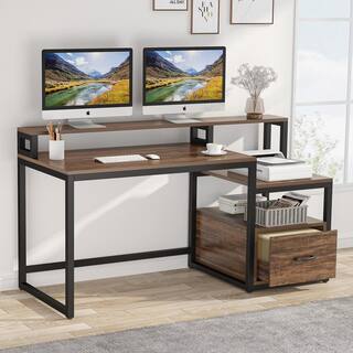 BYBLIGHT Havrvin 61 in. Rectangular Rustic Brown Engineered Wood One Drawer Computer Desk with Two Open Shelf BB-C0157XF