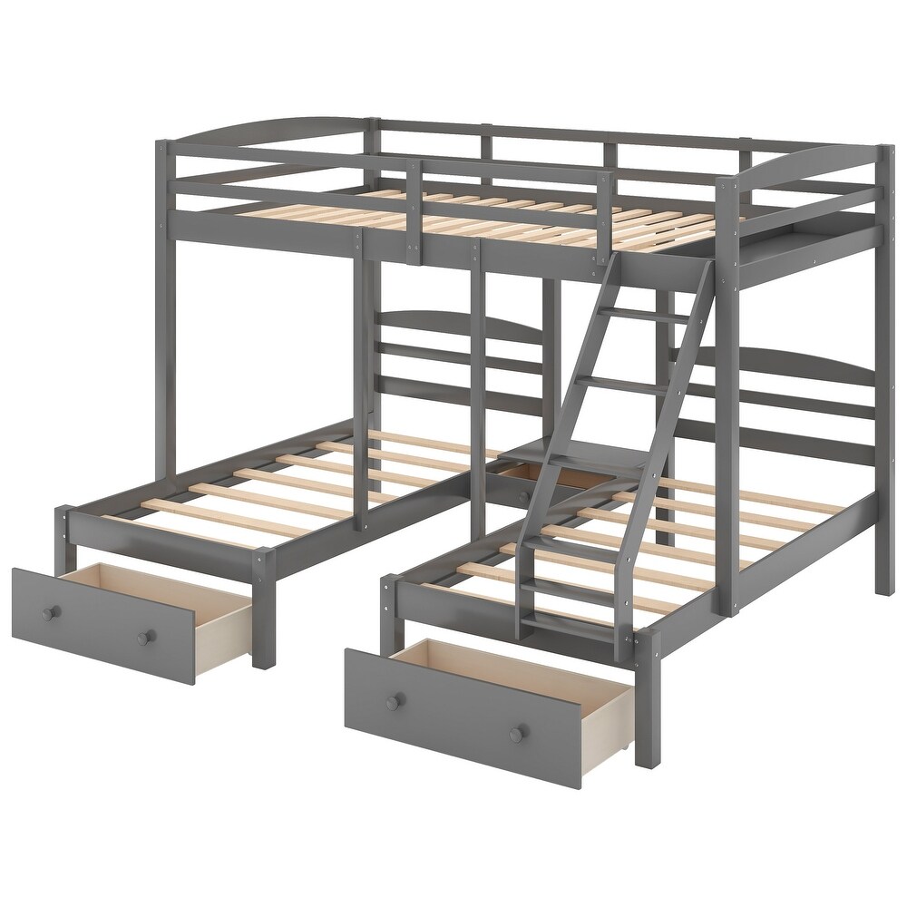 Gray Full over Twin   Twin Bunk Bed Triple Bunk Bed with Drawers