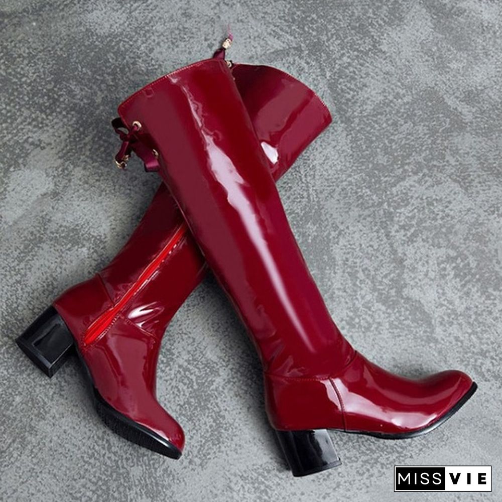 Women Knee High Boots Patent Leather Shoes Chunky Mid Heel Winter Boots Spring Autumn Fashion Plus Size