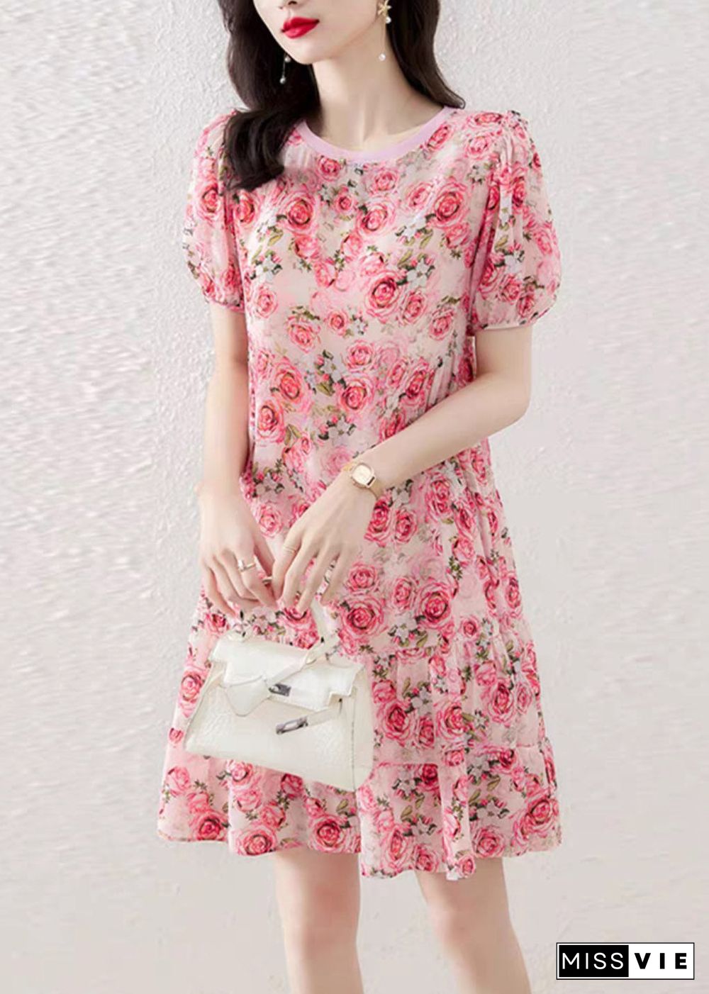 Italian O-Neck Print Wrinkled Silk Mid Dresses Short Sleeve