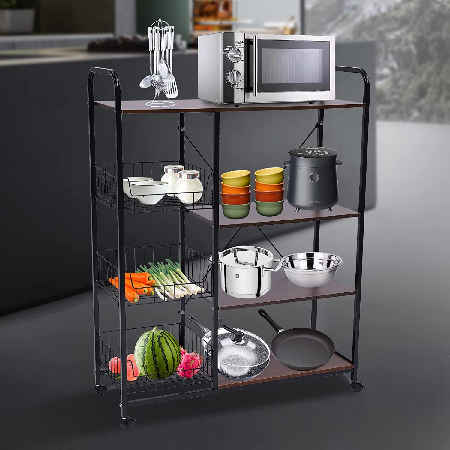 MONIPA Kitchen Baker’s Rack Utility Storage Shelf Free Standing Kitchen Organizer With Wheels for Spices， Pots， Pans and Oven