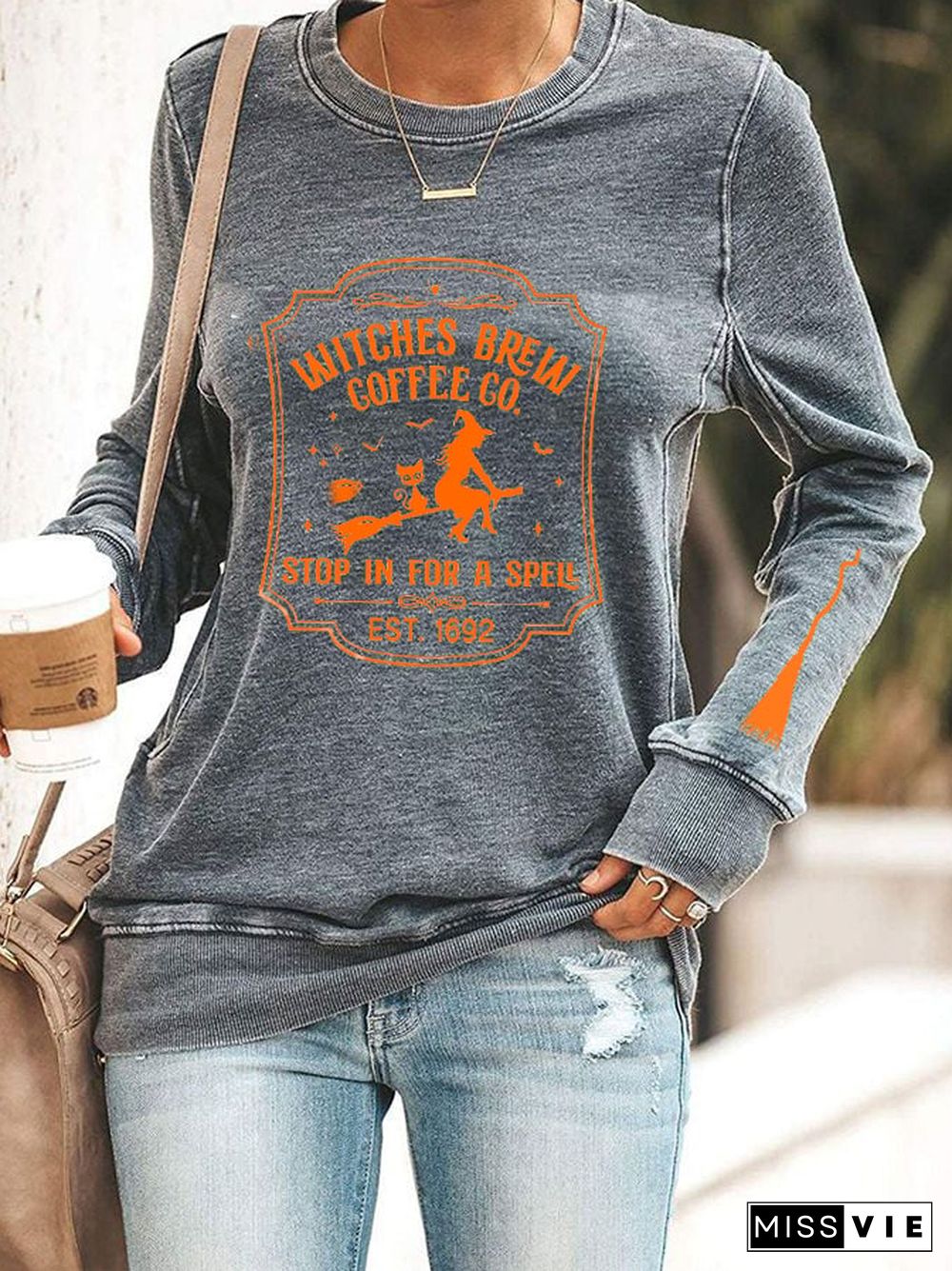 Women's Halloween Funny Coffee Co Witches Brew Printed Sweatshirt