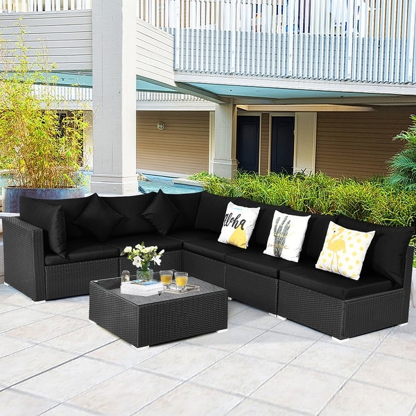 Gymax 7PCS Rattan Patio Conversation Set Sectional Furniture Set w/