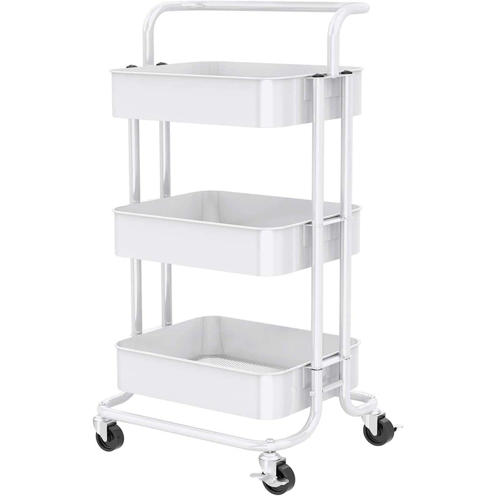 3-Tier Rolling Kitchen Cart， Home Kitchen Storage Utility Cart with Handle， Bathroom Organizer Cart on Wheels， White