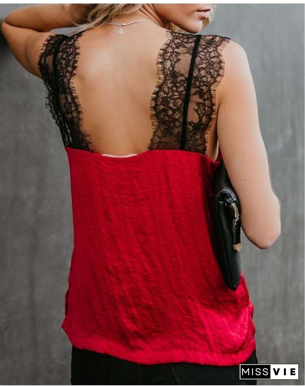 Casual Wide Straps V Neck Lace Camisole Tank Top