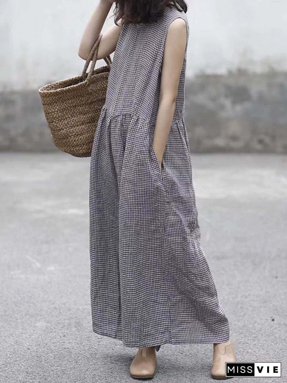 Plaid Wide Leg Sleeveless Baggy Black Overalls Jumpsuit