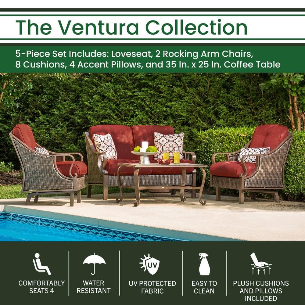 Hanover Ventura 4-Piece All-Weather Wicker Patio Seating Set with Crimson Red Cushions, 4-Pillows, Coffee Table VENTURA4PC-RED