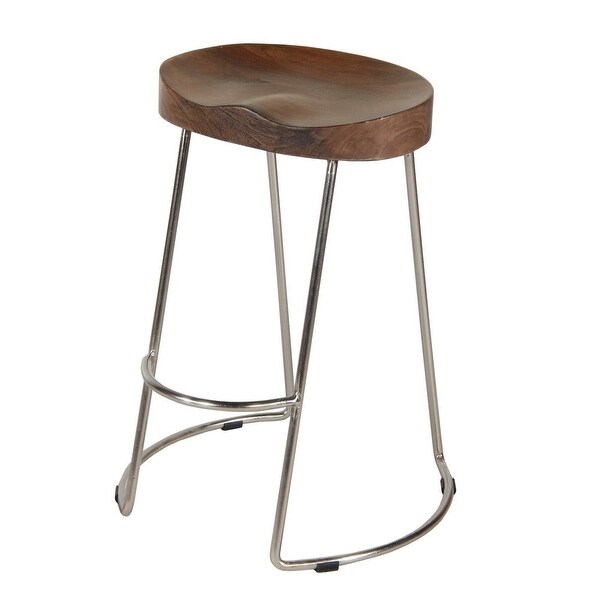 Farmhouse Counter Height Barstool with Wooden Saddle Seat and Tubular Frame， Small