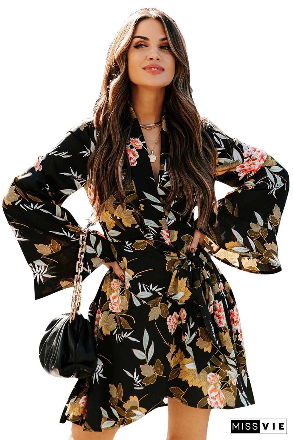 Black Palazzo Floral Ruffle Wrap Dress