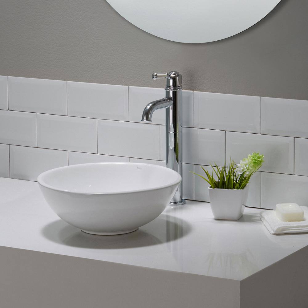 KRAUS Elavo Small Round Ceramic Vessel Bathroom Sink in White KCV-341