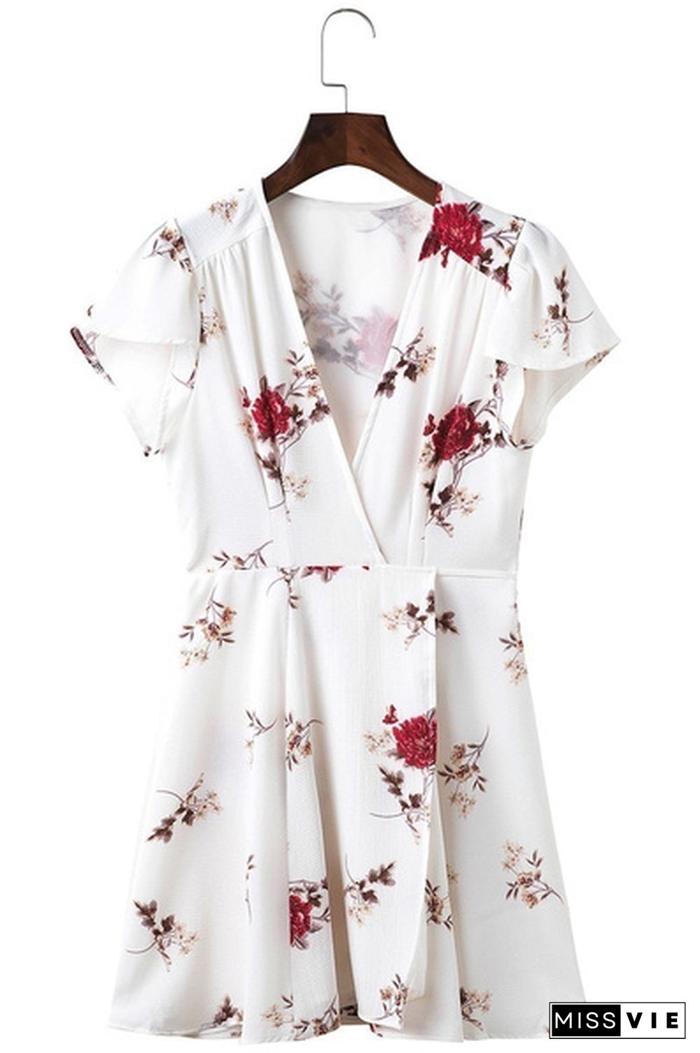 Women Summer Dress V-Neck Cape Short Sleeve Casual Mini Dress Boho Beach Vinatge Floral Print Dress Sundress