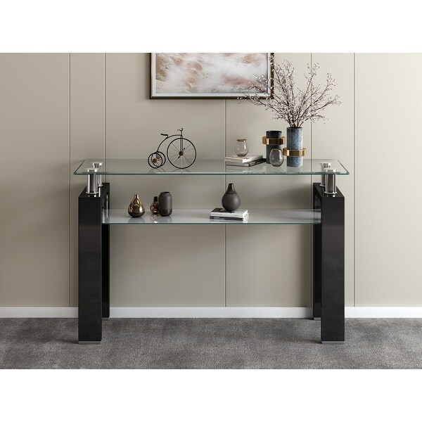 Tempered Glass Top Rectangular Double-Layer Console Table with MDF Legs， For Living Room， Foyer Console Table