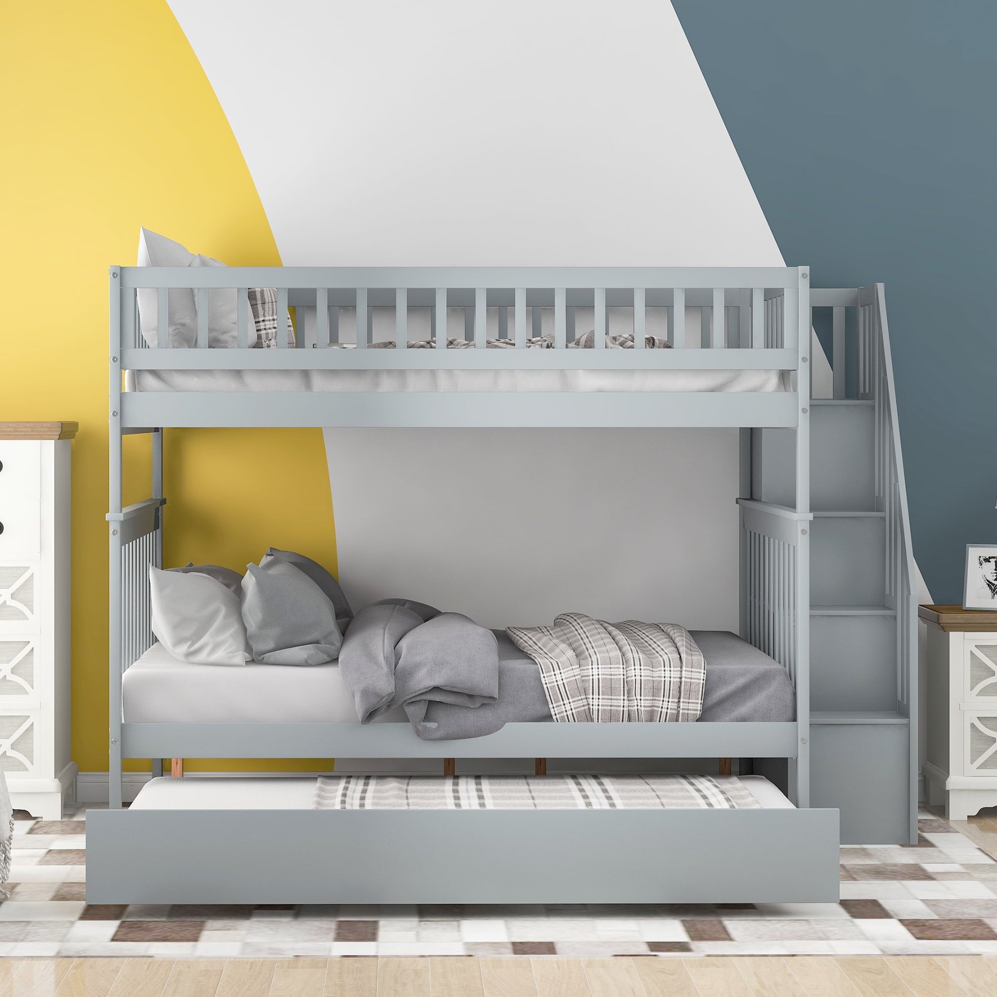 Euroco Full over Full Bunk Bed with Trundle and Storage Shelves for Kids, Gray