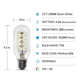 Feit Electric 40-Watt Equivalent T14 Dimmable Spiral Filament Clear Glass E26 Vintage Edison LED Light Bulb Warm White T1440SCLLEDHDRP