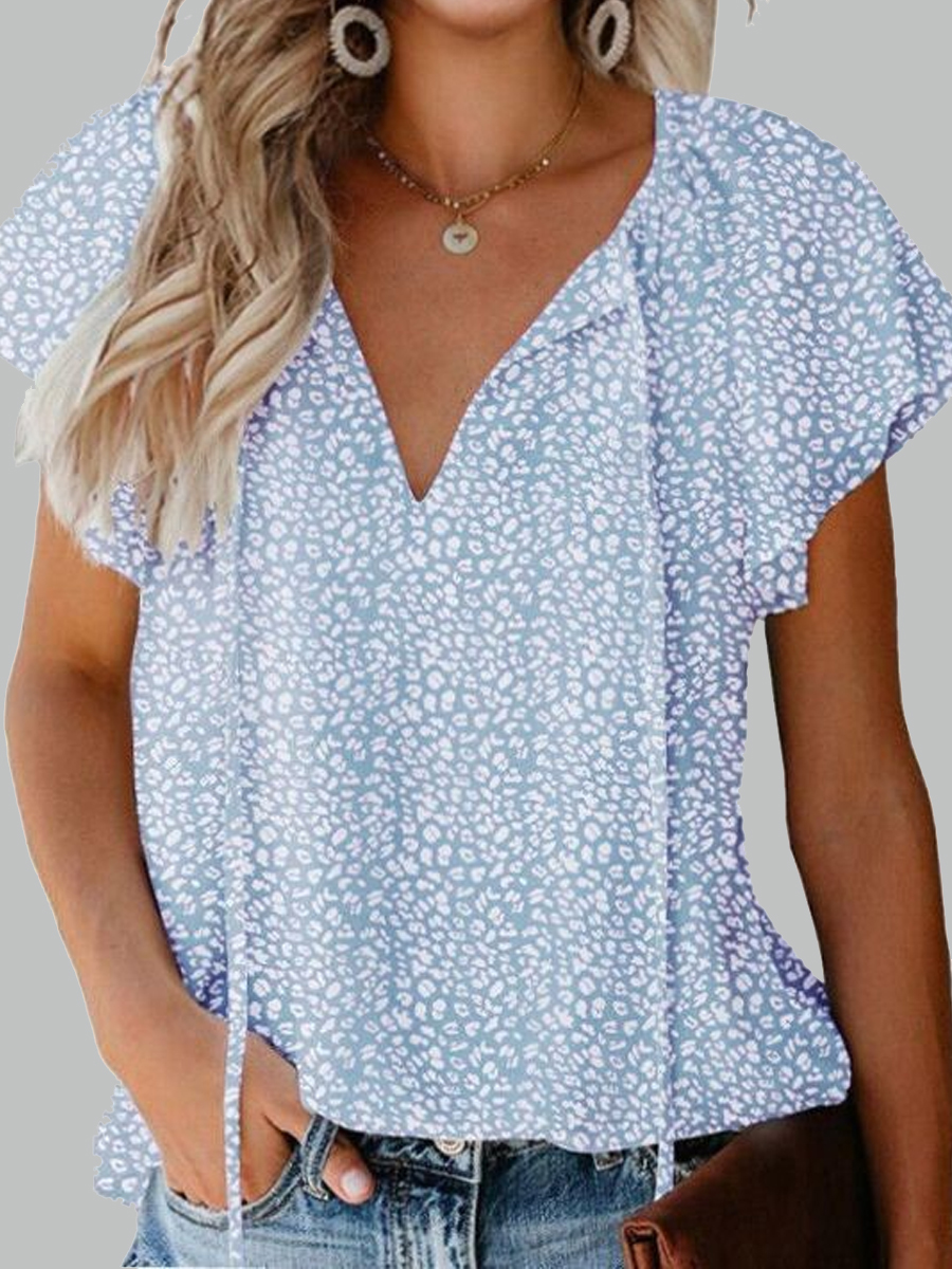 Floral Casual V-Neck Loose Short Sleeve Blouse