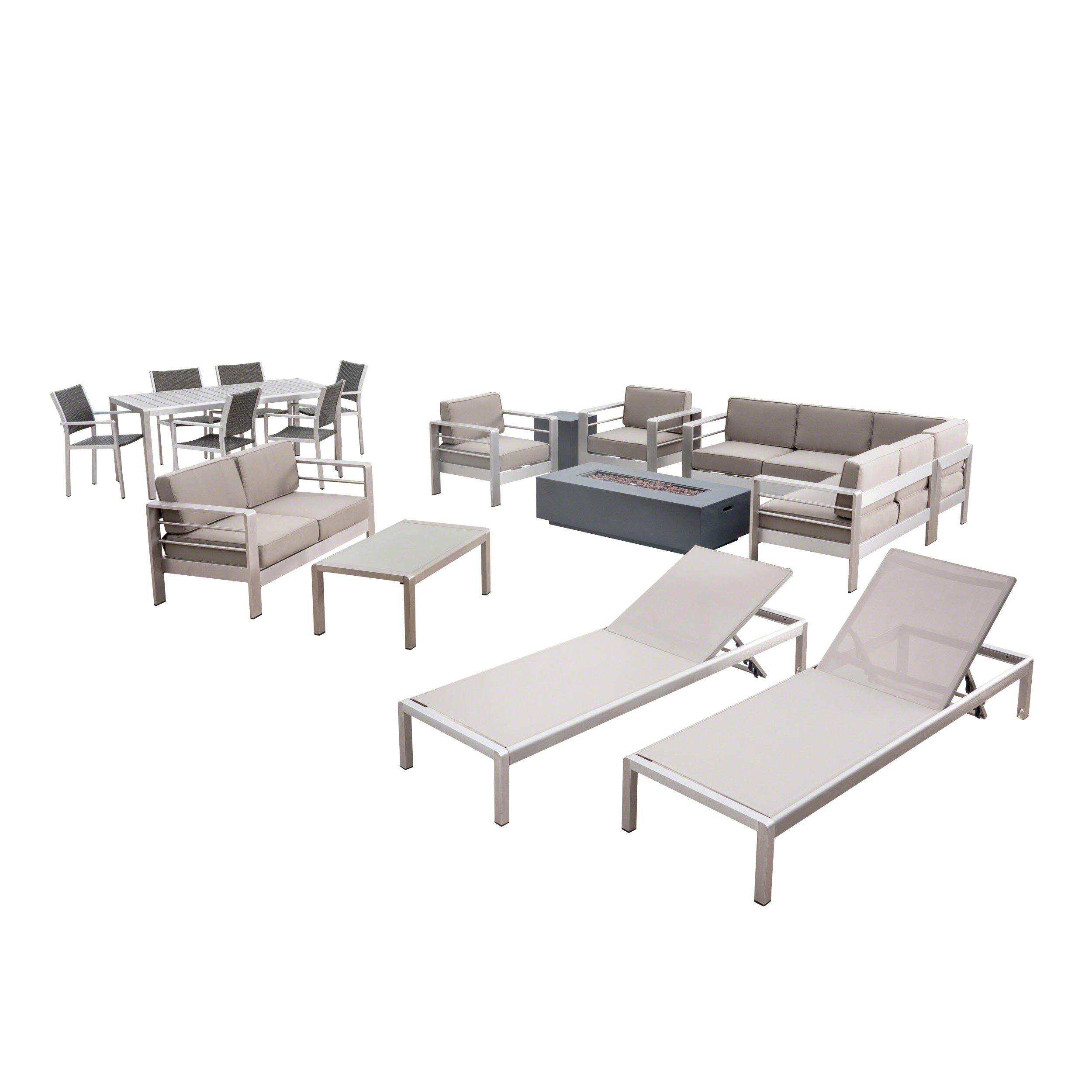 Crested Bay 7 Piece Dining Set + Sofa Set + 4pc Chat Set + Dark Gray Fire Pit + 2 Chaise Lounges