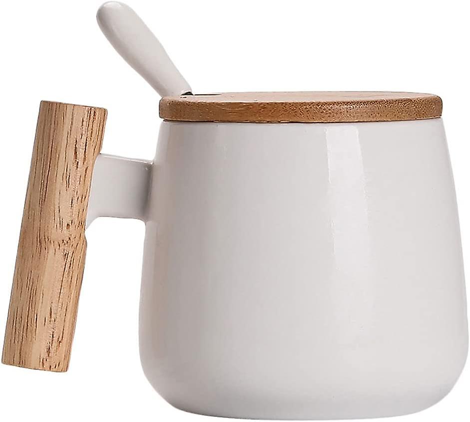 Ceramic Coffee Mug With Handle Lid And Spoon Coffee Cup With Wood Lid White Ceramic Mugs For Coffee Tea Or Milk