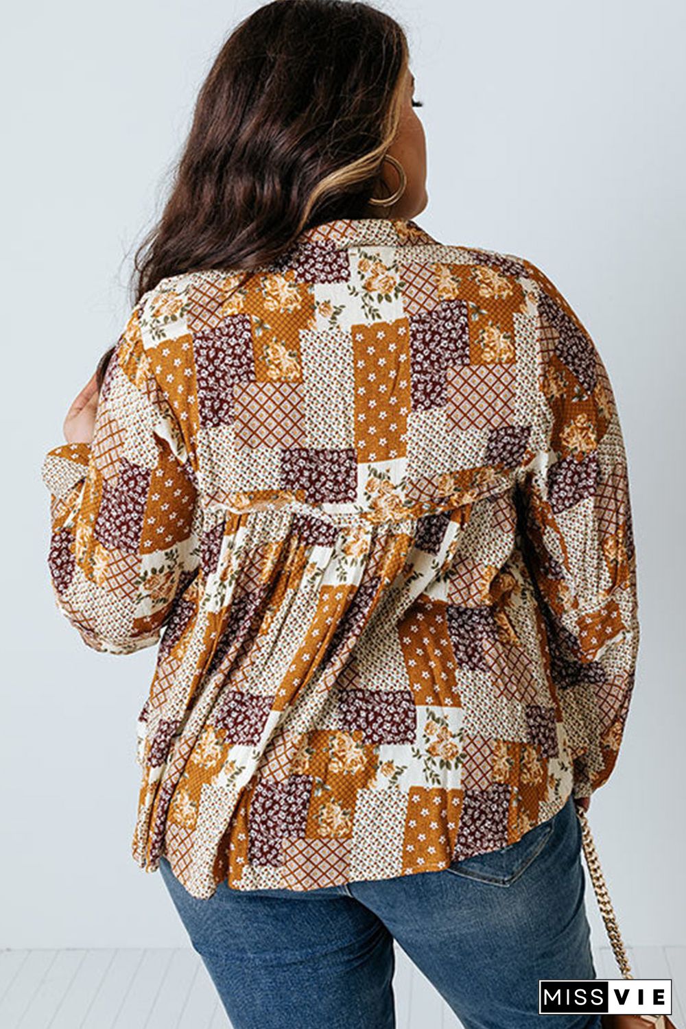 Apricot Turn-down Neck Mixed Print Plus Size Shirt