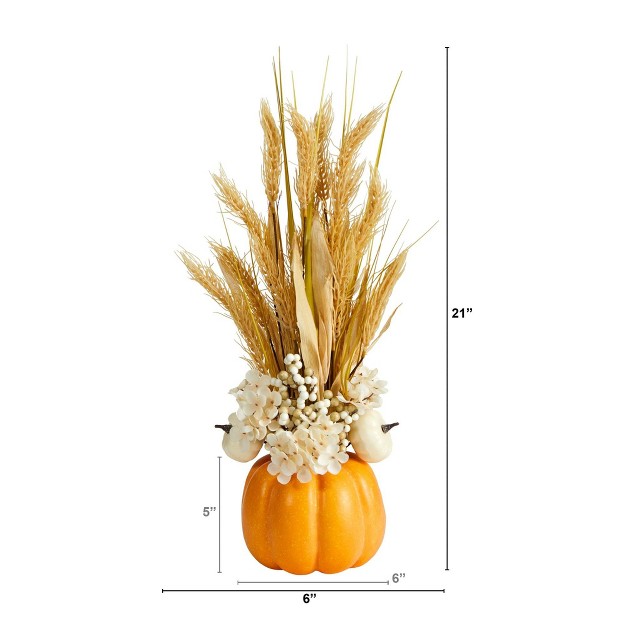 Nearly Natural 21-in Autumn Dried Wheat And Pumpkin Artificial Fall Arrangement In Decorative Pumpkin Vase