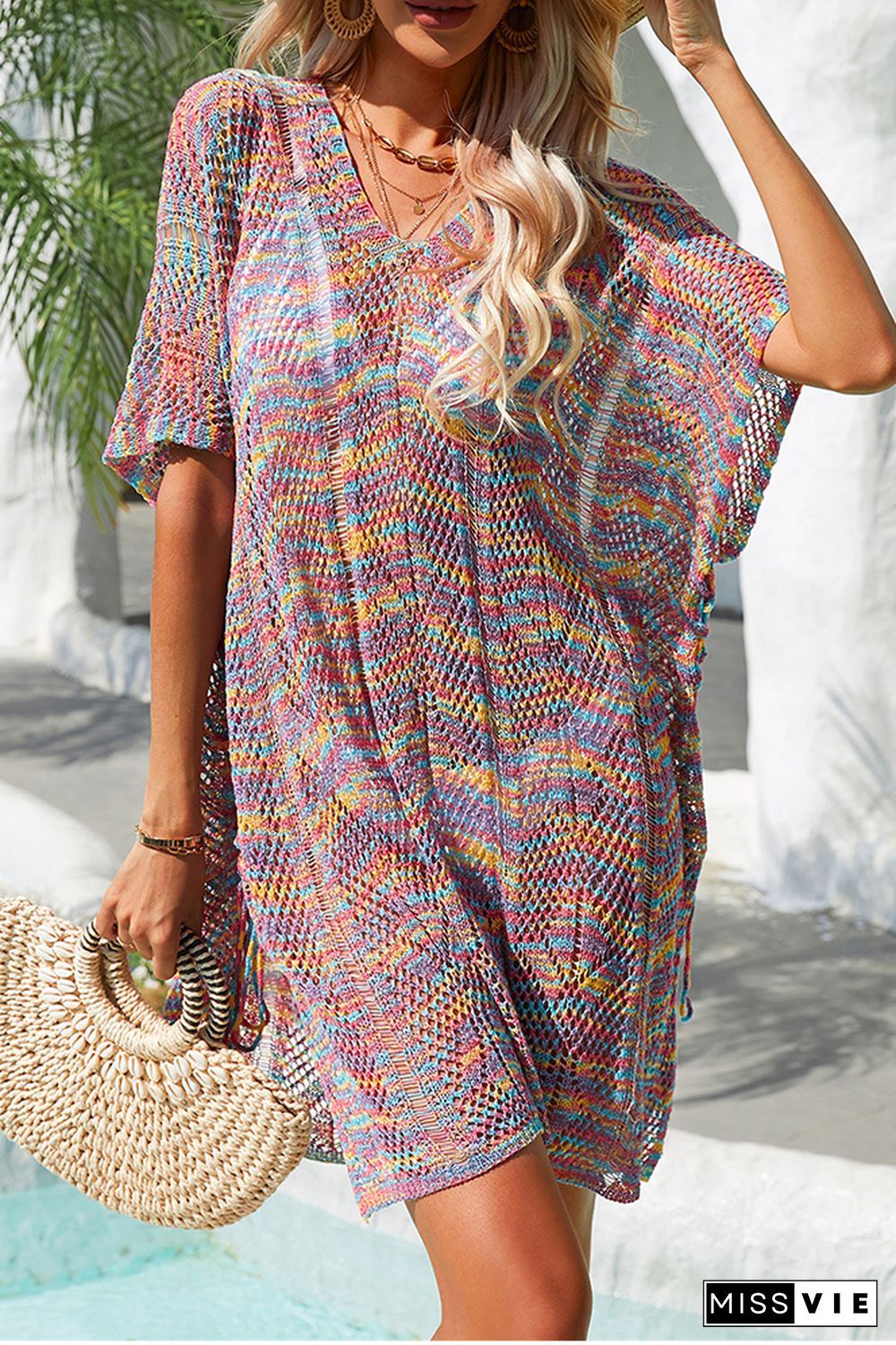 Rainbow Stripes Splicing Mesh Hollow Out Cover Up