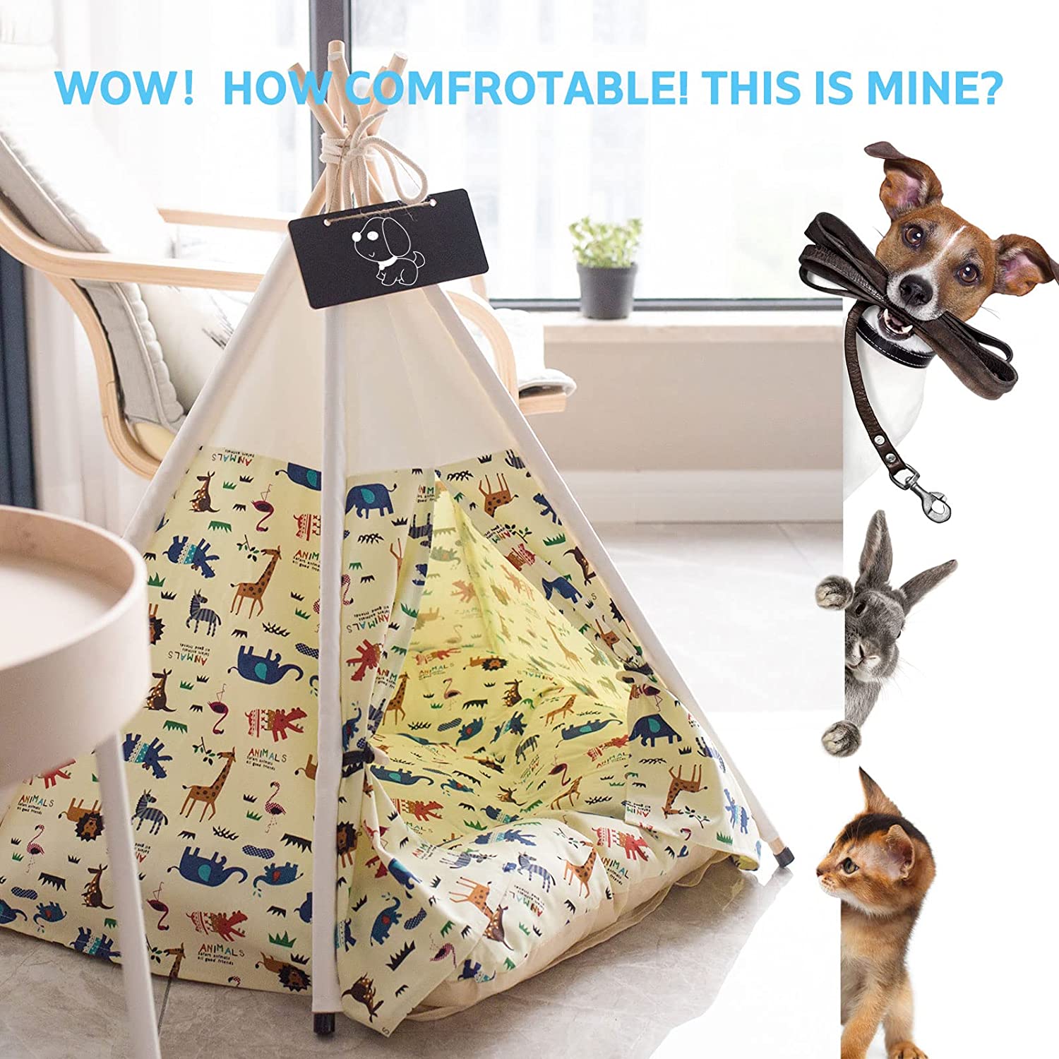 Pet Teepee Tent for Dogs and Cats with Thick Cushion ， 24 Inch Portable Indoor Dog House Dogs/Puppy Pet Houses with Bed，Cat Teepee Tent Washable，Tents Pet Houses Bed Easy to Assemble (Animal)