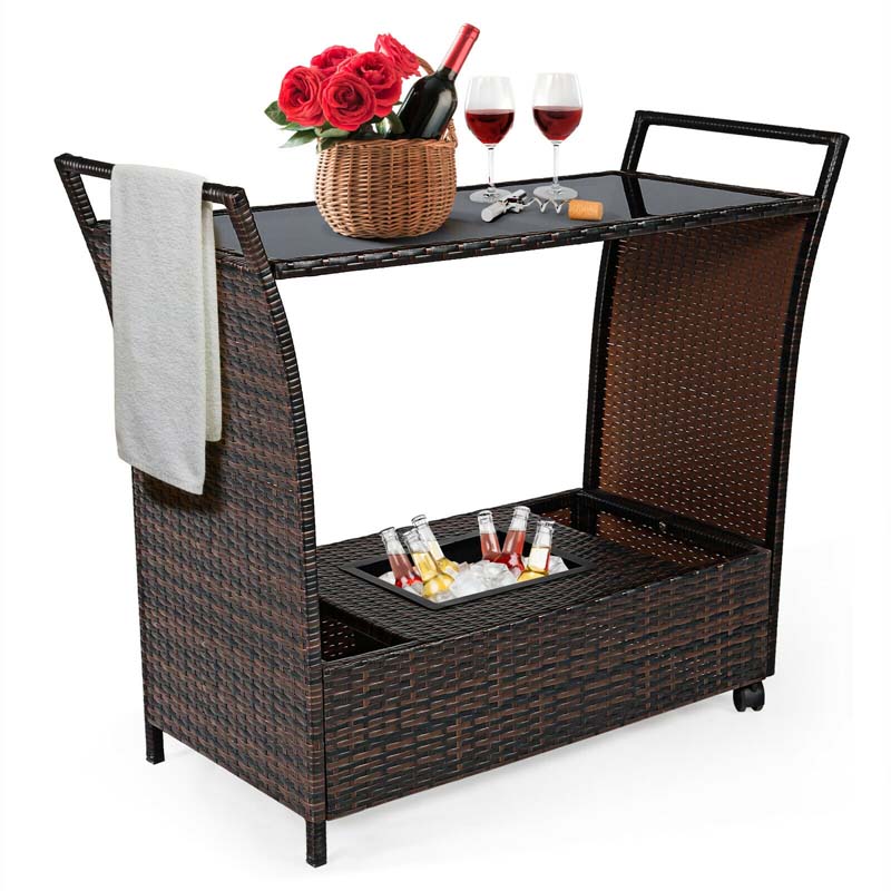 Outdoor Wicker Bar Cart Patio Wine Serving Cart Rolling Rattan Beverage Bar Counter Table with Glass Top & Ice Bucket