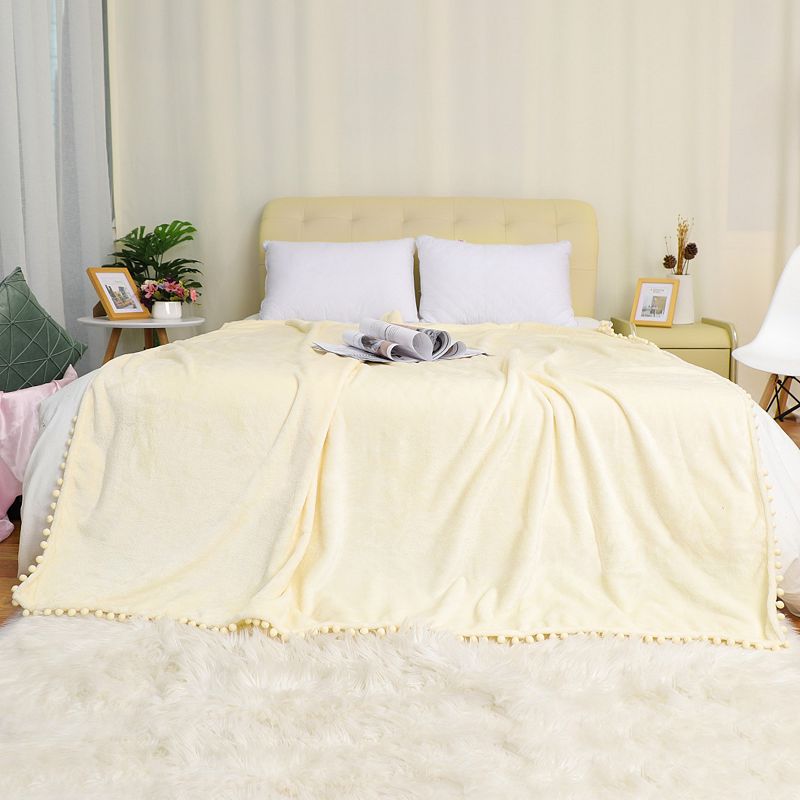 Luxury Flannel Fleece Blanket with Pompom Fringe Bed Single Double Queen Size Full/Queen 78x90