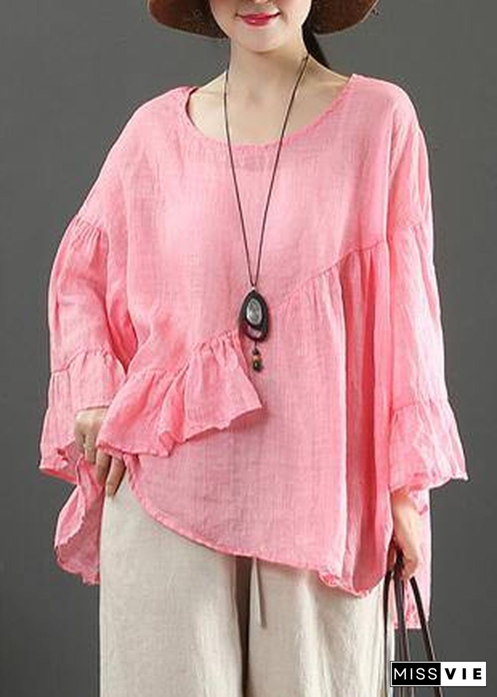 Art pink linen tops o neck Ruffles silhouette summer blouses