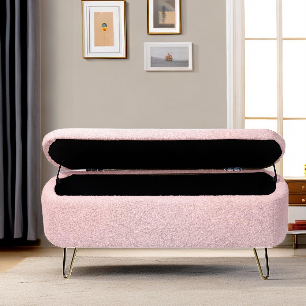 Contemporary Fabric Upholstered Storage Ottoman Bench with Metal Legs