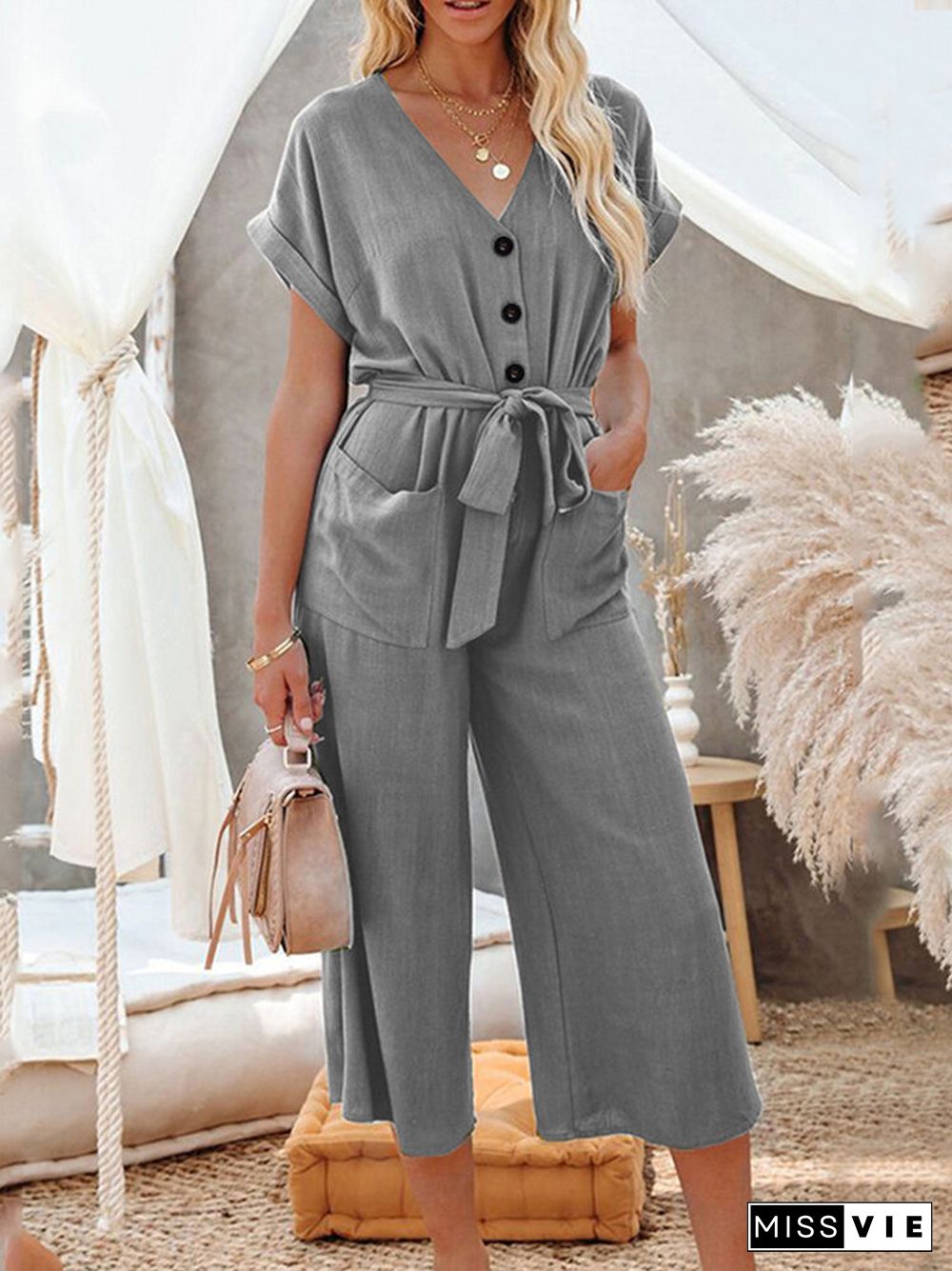 Solid Button Belt V-neck Pocket Short Sleeve Jumpsuit