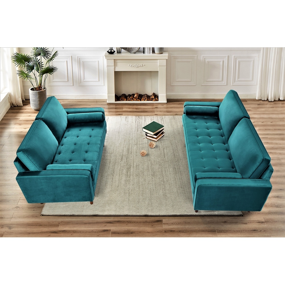 Monahan Wood Frame Velvet Tufted 2 PCS Living Room Set  Sofa   Loveseat