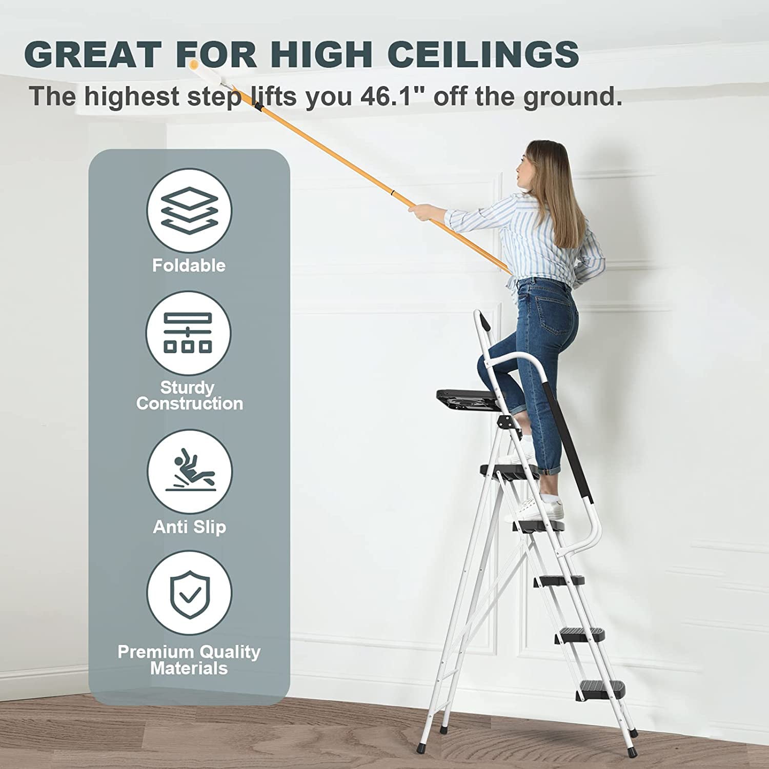 SocTone 5 Step Ladder with Handrails, Folding Step Stool with Tool Platform, Sturdy& Portable Steel Ladder for Adults, 330LBS Capacity Ladder for Home Kitchen Library Office