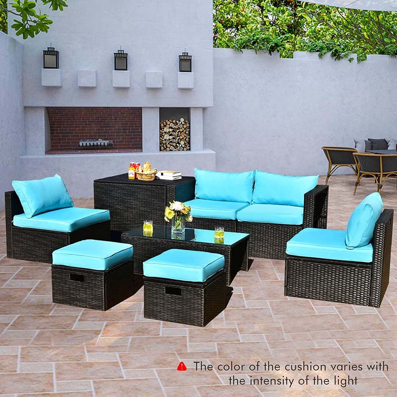 8 Pcs Rattan Wicker Outdoor Patio Furniture Sectional Sofa Set with Storage Box & Waterproof Cover