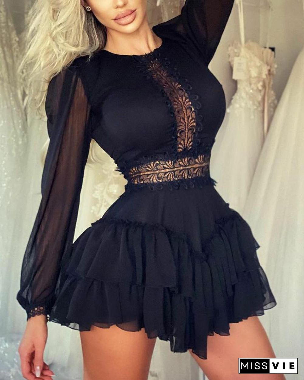 Stitching Lace Solid Color Long Sleeve Mini Dress P15486