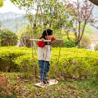 PLAYBERG Natural Wooden Outdoor Patio Playground Kids Hanging Adjustable Stand Up Skateboard Bar Swing Tree Curved Swing Board QI004568