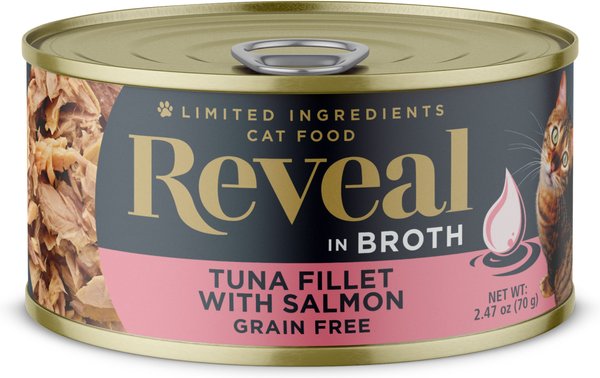 Reveal Natural Grain-Free Tuna Fillet with Salmon in Broth Flavored Wet Cat Food， 2.47-oz can， case of 24