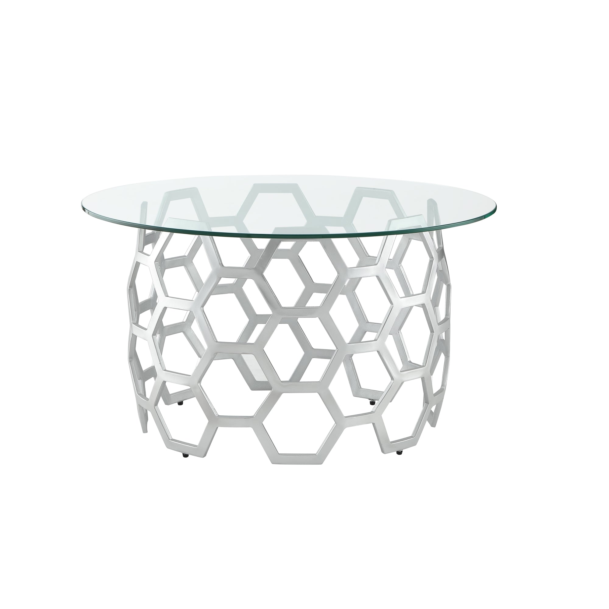 Inspired Home Janina Round Coffee Table Clear Glass Top Geometric Hexagon Metal Frame Modern, Silver