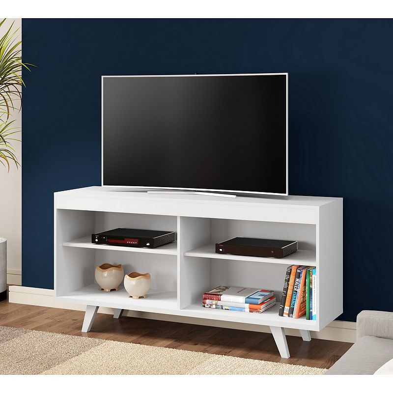 58 Inch Handcrafted Wood TV Media Entertainment Center Console， 4 Open Compartments， Angled Legs， White