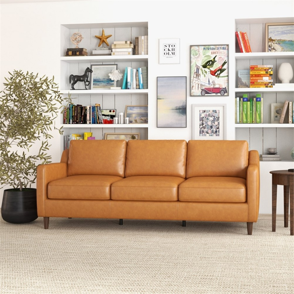 Pemberly Row Mid Century Genuine Leather Cushion Back Sofa in Tan   Midcentury   Sofas   by Homesquare  Houzz