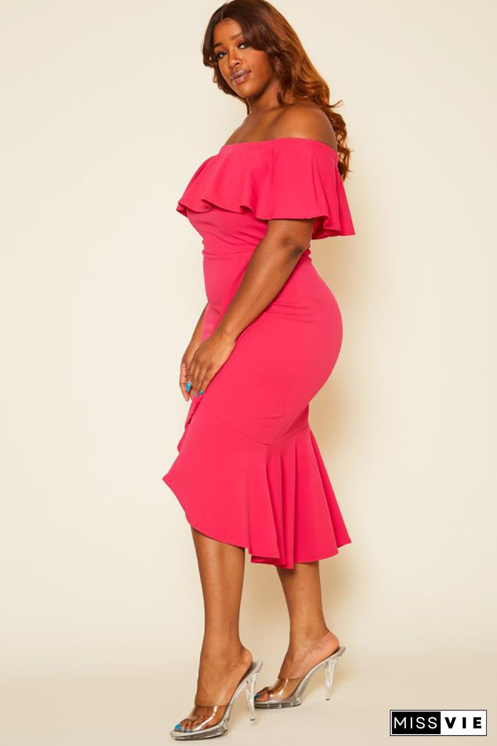 Rose Ruffled Off Shoulder High Low Plus Size Dress