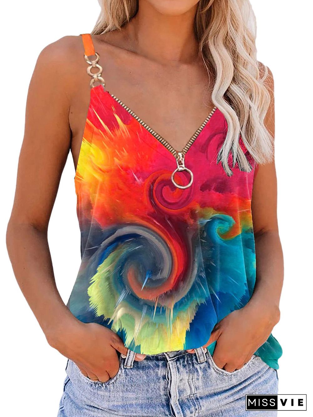 Women'S Tank Tops Printed Sling V-Neck Zip Sleeveless Tank Top