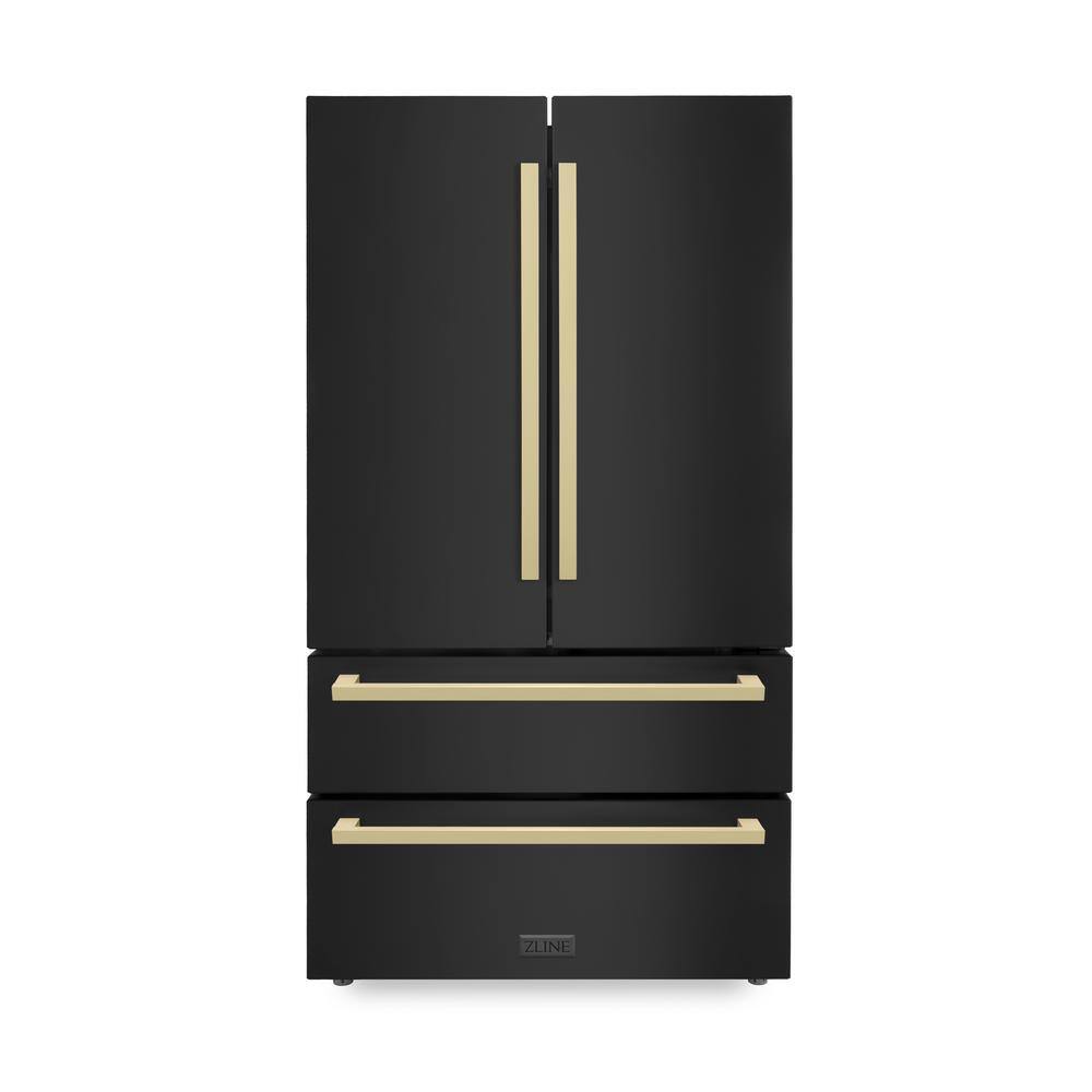 ZLINE Kitchen and Bath Autograph Edition 36 in. 4-Door French Door Refrigerator with Square Champagne Bronze Handles in Black Stainless Steel RFMZ-36-BS-FCB