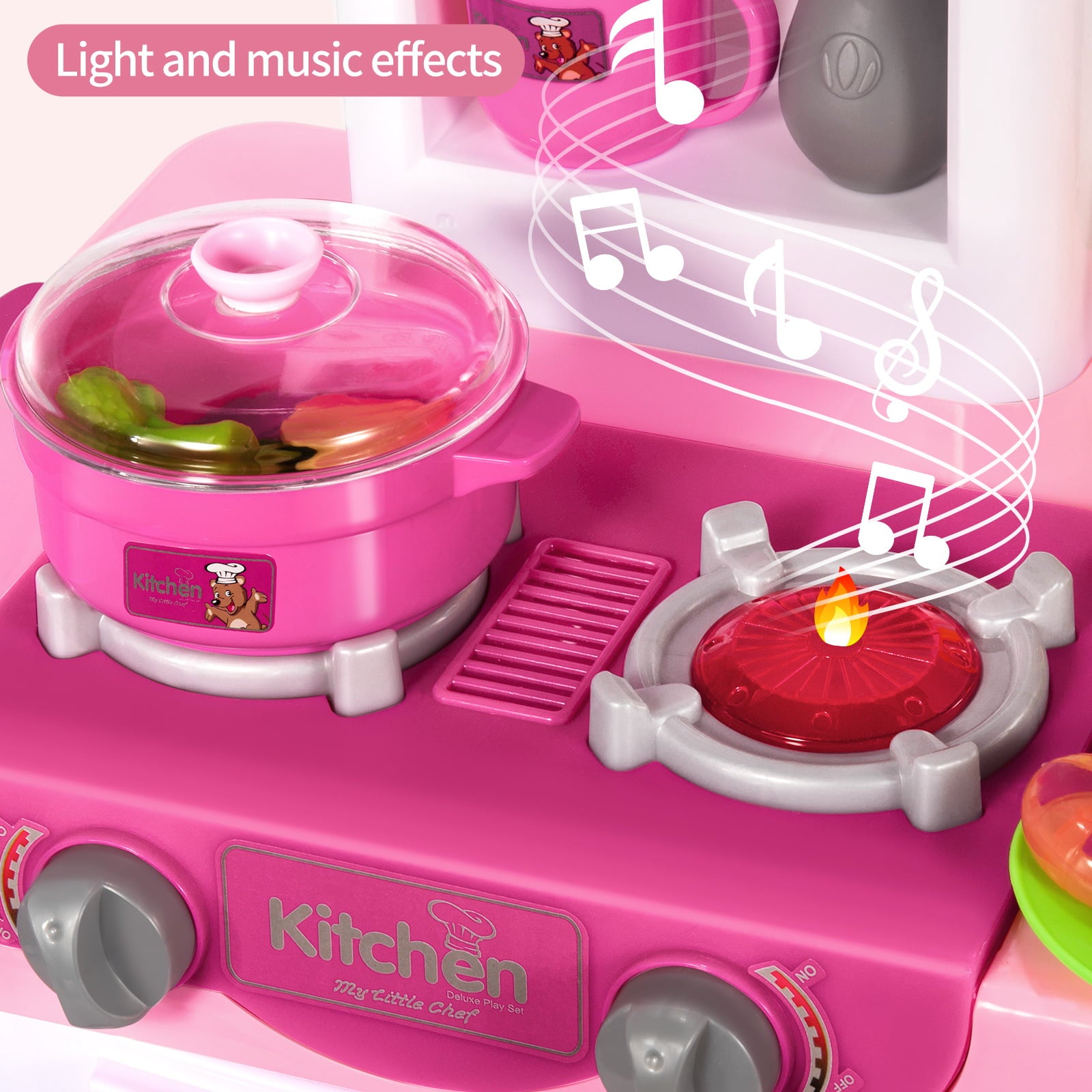 TEMI Play Kitchen Playset Pretend Food - 53-Pack Pink Kitchen Toys for Toddlers, Toy Accessories Toddler Set with Real Sounds and Lights, Girls and Boys Gift(20.8x29.13x10.24)