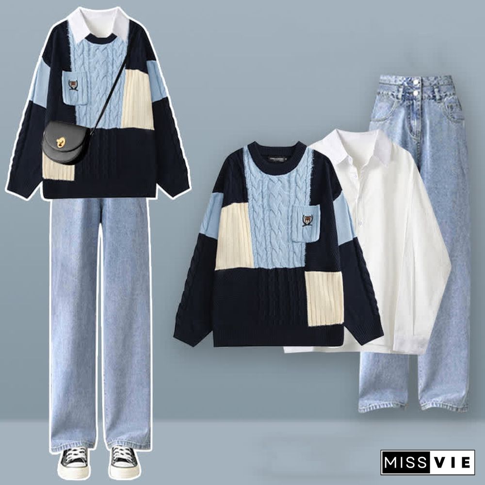 Colorblock Cable Knit Sweater Shirt High Waist Denim Pants Three Pieces