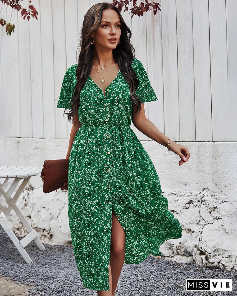 Elegant V-Neck Floral Print Summer Dress Women High Waist Button Bohemian Beach Dress Female Green Midi Vestidos De Mujer